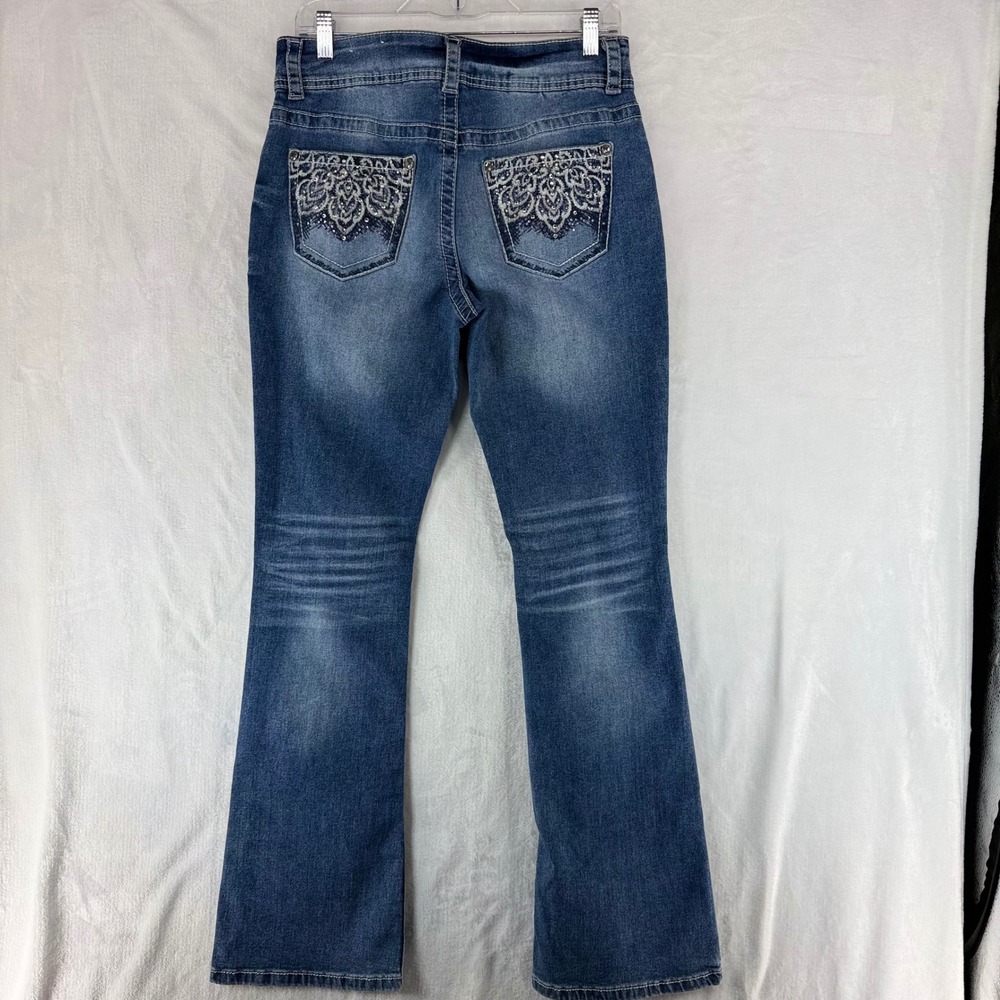 Copper Flash Curvy Bootcut Jeans Blue Distressed Embroidered Rhinestone Size 6